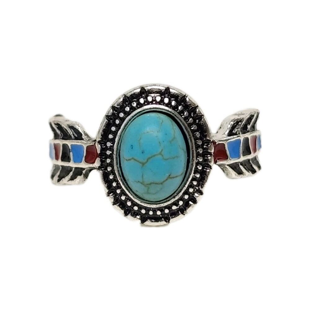 Bradford Exchange Style Silver Tone Turquoise Feather Band Ring Size 8